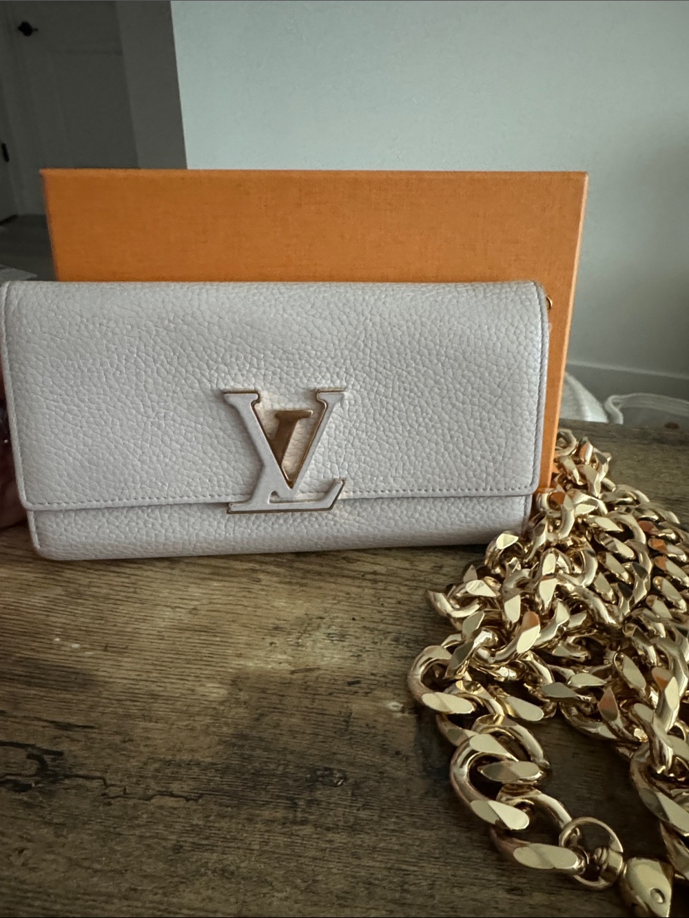 Louis Vuitton Beige Leather Chain Wallet with Gold Hardware